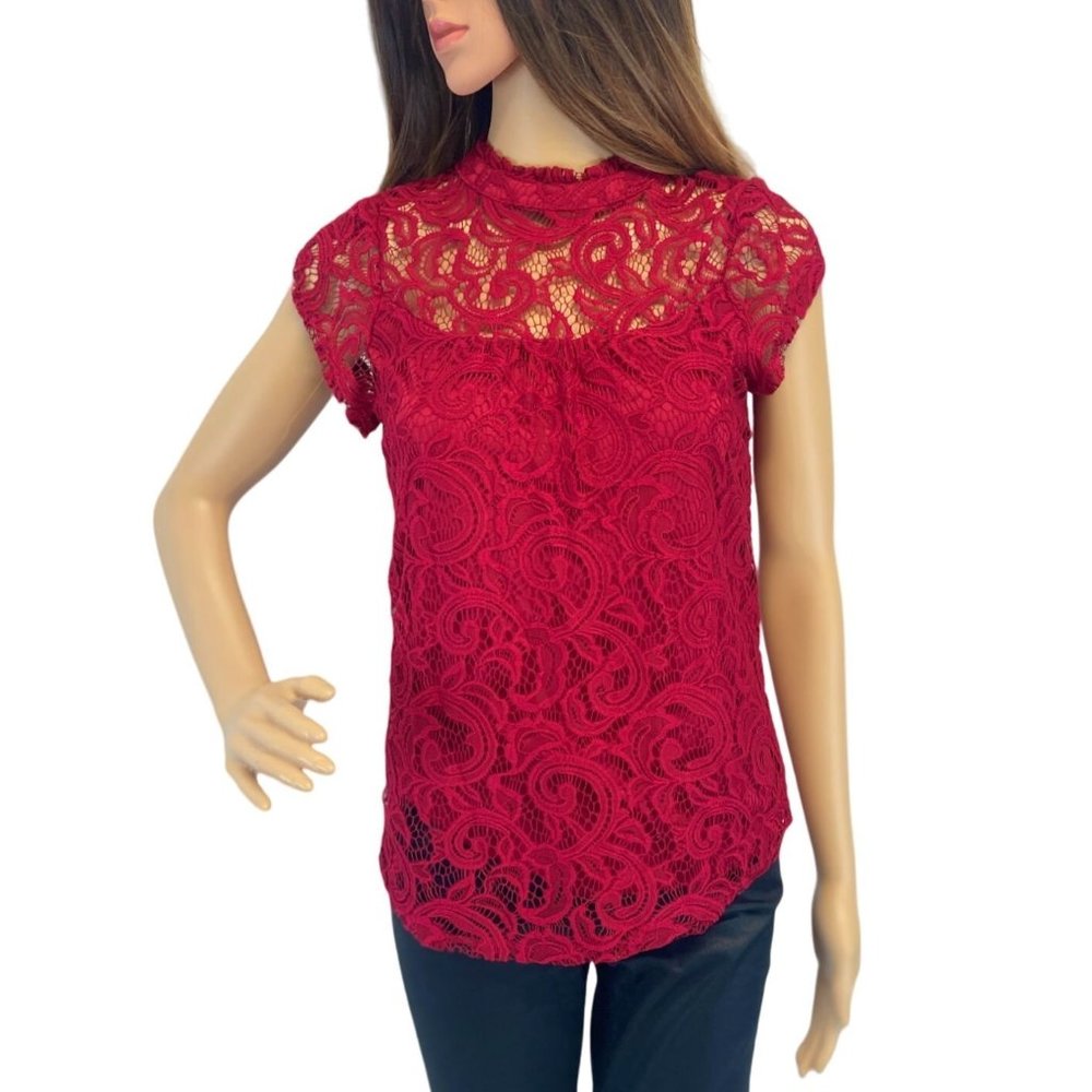 Heart Soul Red Lace Overlay Cap Sleeve Top Blouse